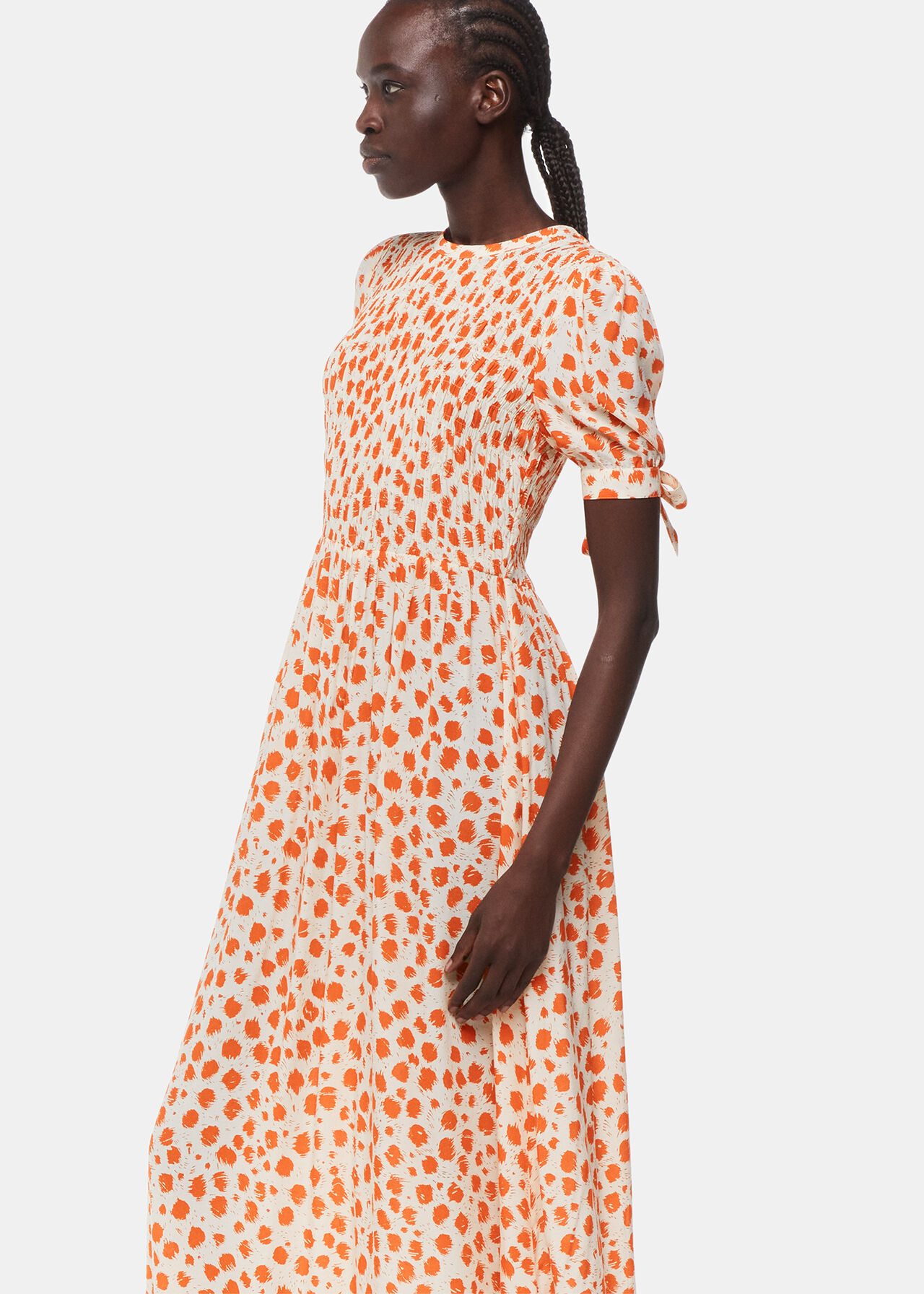 Spot Shirred Midi Dress